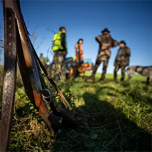 Gewähr an einen Baum gelehnt, im Hintergrund mehrere Jäger