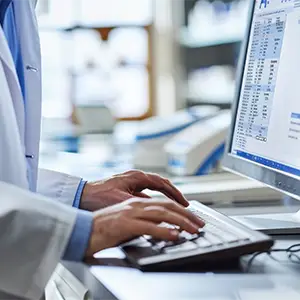 Cyber-Versicherung: Schutz für digitale Apothekensysteme Apotheker, der Daten auf einem Computer eingibt.