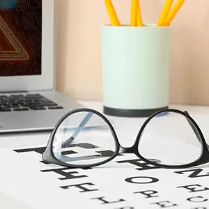 Arbeitsplatz eines Augenarztes mit Brille und Laptop, betroffen von Cyberangriff