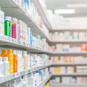 Inhaltsversicherung: Absicherung wertvoller Medikamentenbestände Regale in einer Apotheke mit verschiedenen Medikamenten.