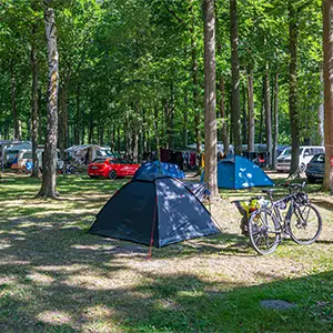 Campingplatz mit Zelten und einem Fahrrad im Vordergrund