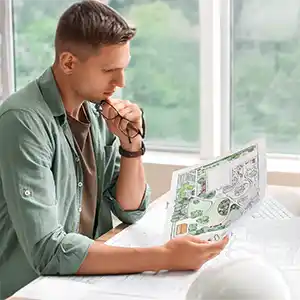 Landschaftsarchitekt betrachtet Pläne an seinem Schreibtisch